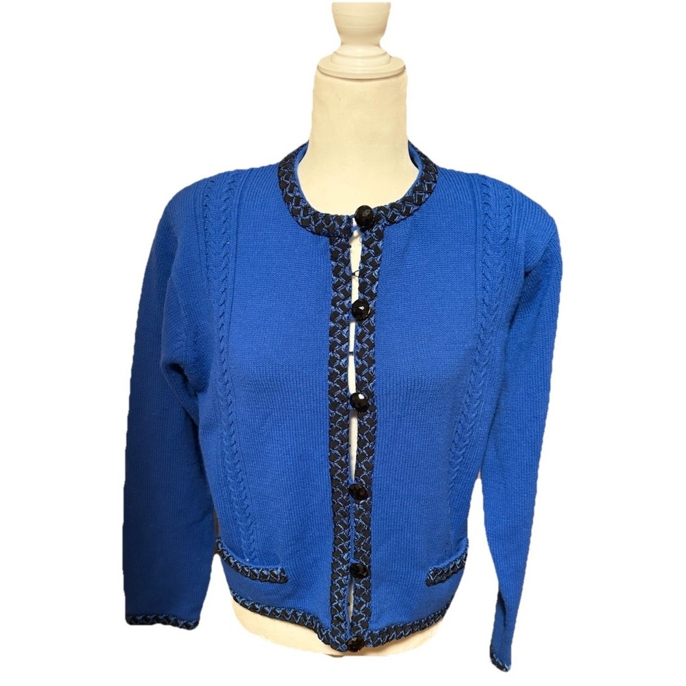 Liz Claiborne Sweater Cardigan Lambswool  Blend Medium Blue Pockets